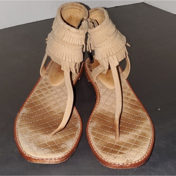L.A.M.B. Suede Fringe Flat Boho Tan Ankle Strap Side Zip Sandals sz. 7.5 - Picture 3 of 10